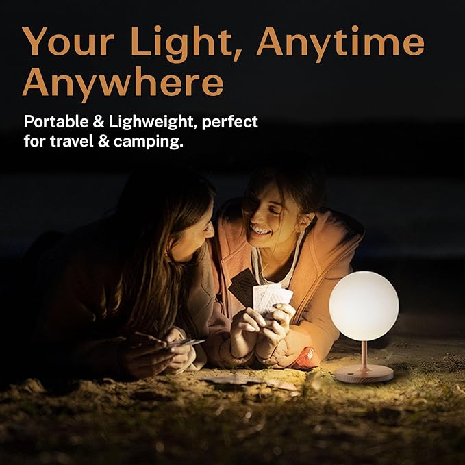 Outdoor Battery Operated Table Lamp & Power Bank - 5000mAh Rechargeable Battery Powered, Touch Dimmable, 3 Color Temperatures, IP44 Waterproof Lamp for Home, Patio Use - 9.6 In Modern Wood Grain Globe