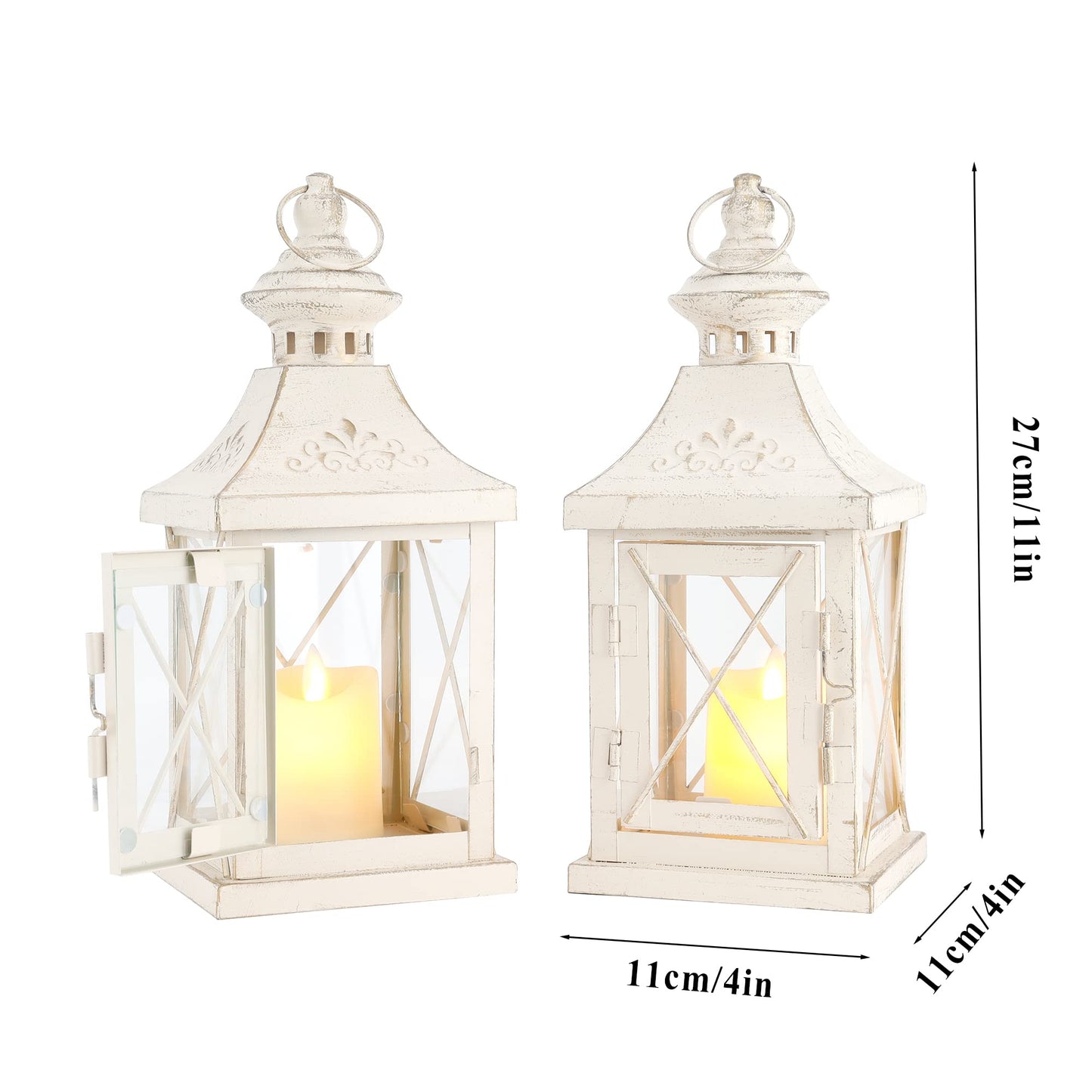 TRIROCKS Set of 2 Decorative Candle Lantern 11'' High Metal Candle Holder Hanging Lantern Perfect for Home Decor Halloween Living Room Parties Events Tabletop Indoors Outdoors (White with Gold Brush)