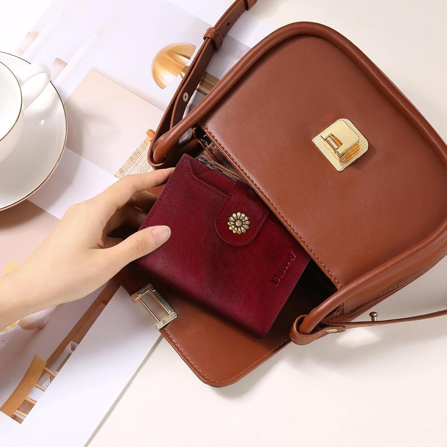 Blucoay Wallet Women,RFID Blocking Real Leather Womens Wallet Bifold Compact Card Holder Small Wallet for Women with Removable ID Window Red