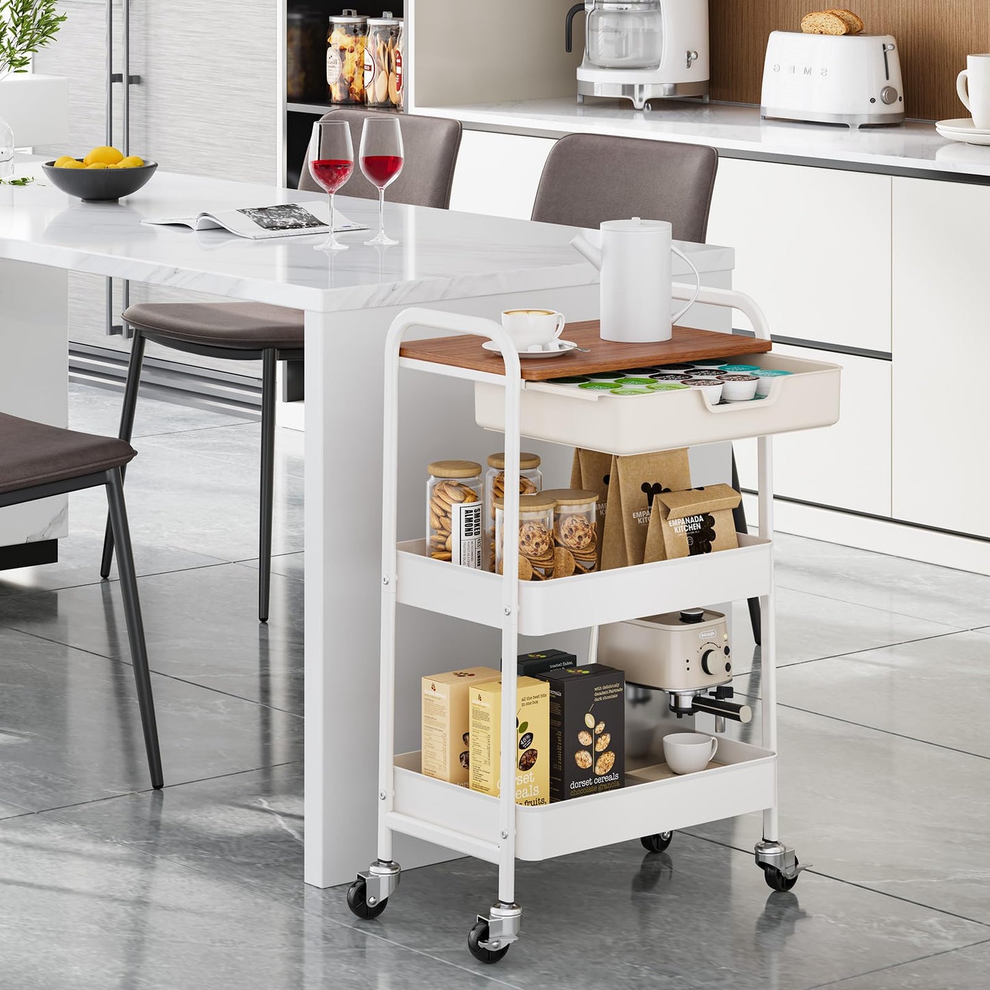 TOOLF 3 Tier Metal Utility Rolling Cart - White Storage Cart with Drawer and Wooden Table Top, Trolley Kitchen Organizer Rolling Desk with Locking Wheels for Office, Classroom, Home, Bedroom