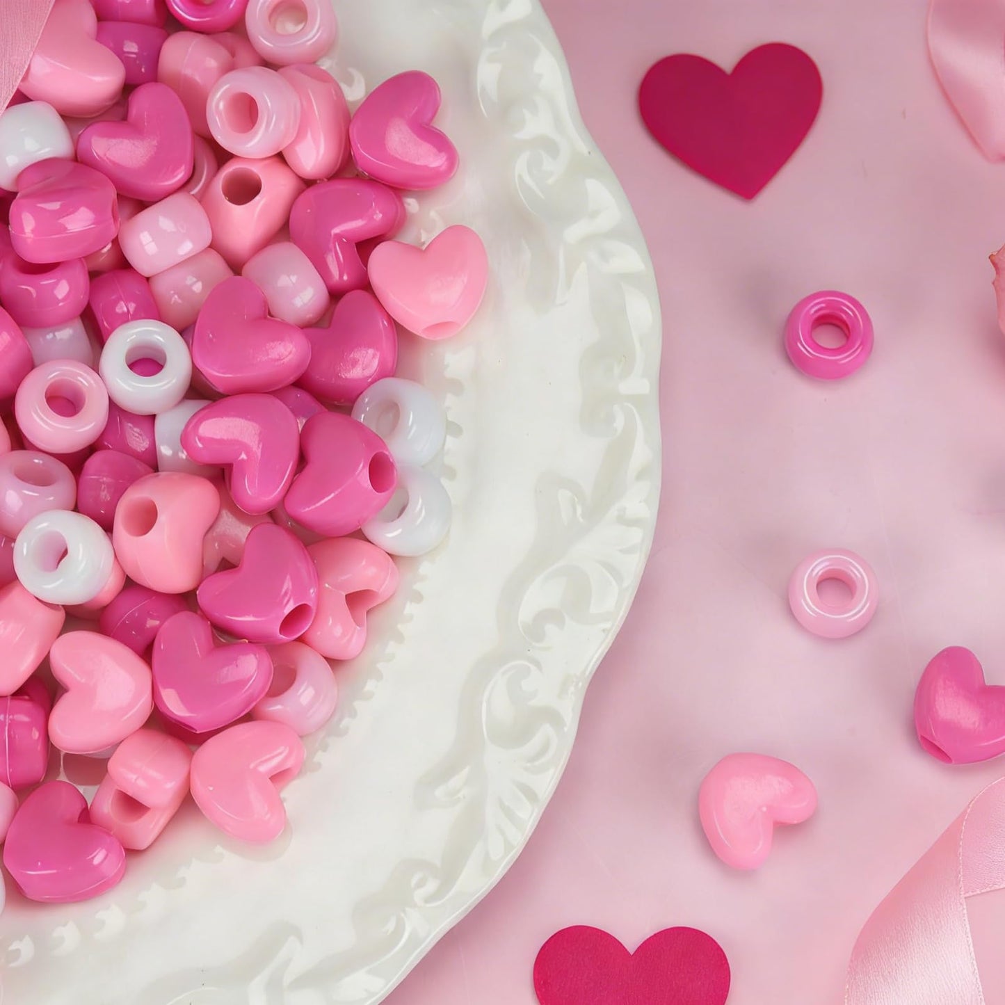 1200pcs Valentine Beads Assortment - Pink Red Pony Bead and Heart Beads for Jewelry Making, DIY Crafts, Valentine's Party Decorations,Necklace, Bracelets, Earrings, Hair Bead (Valentine Pink 1200PCS)