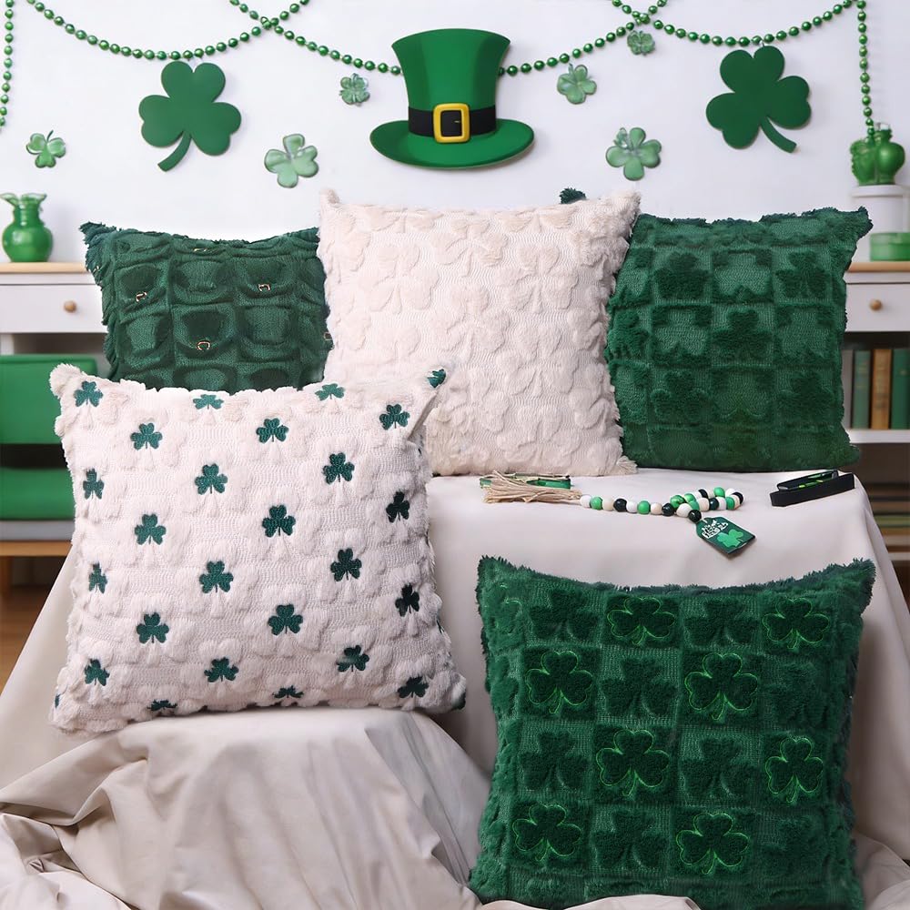 Heirloom Haven St Patrick’s Day Pillow Covers Set of 2,Green Shamrock Irish Soft Plush Faux Fur Jacquard Throw Pillows Decorations for Bedroom Sofa Holiday Festivals Home Decor 18x18 inch