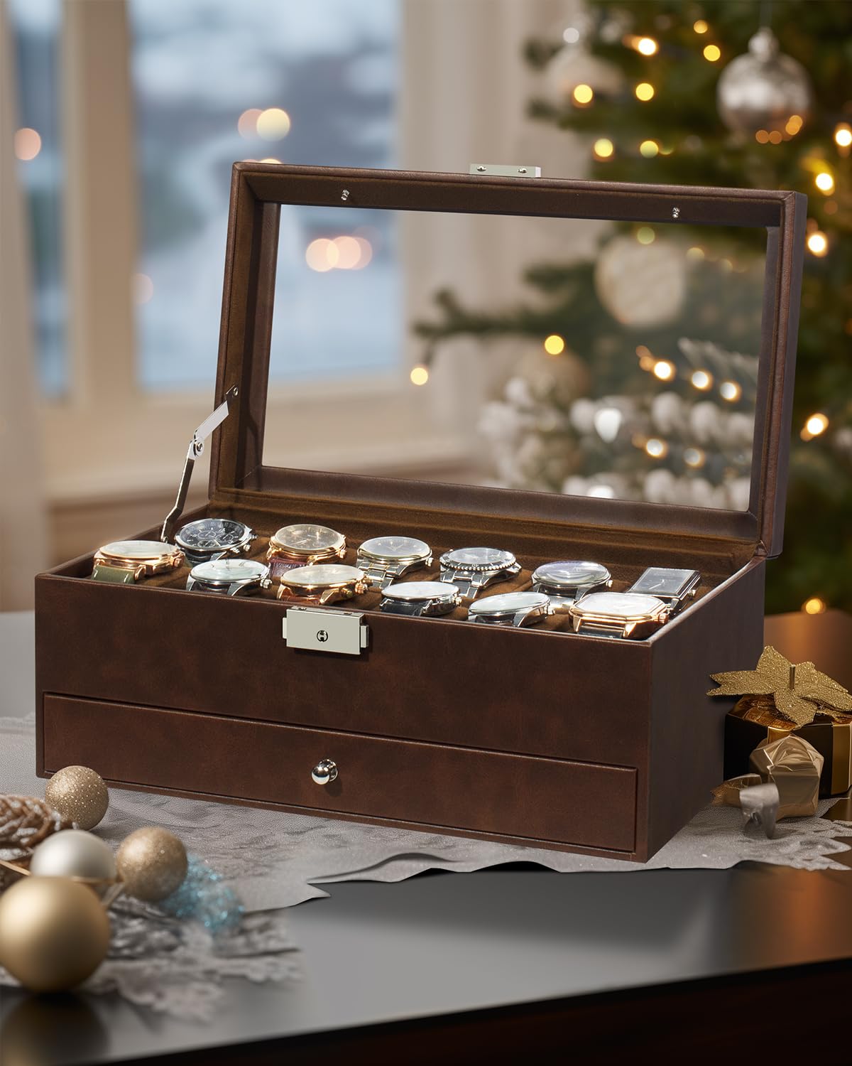 GUKA Watch Box 12 Slot Watch Display Organizer Leather Jewelry Case Drawer Glass Birthday for Men Women, Child Husband Dad GK-012-BROWN-LED-24