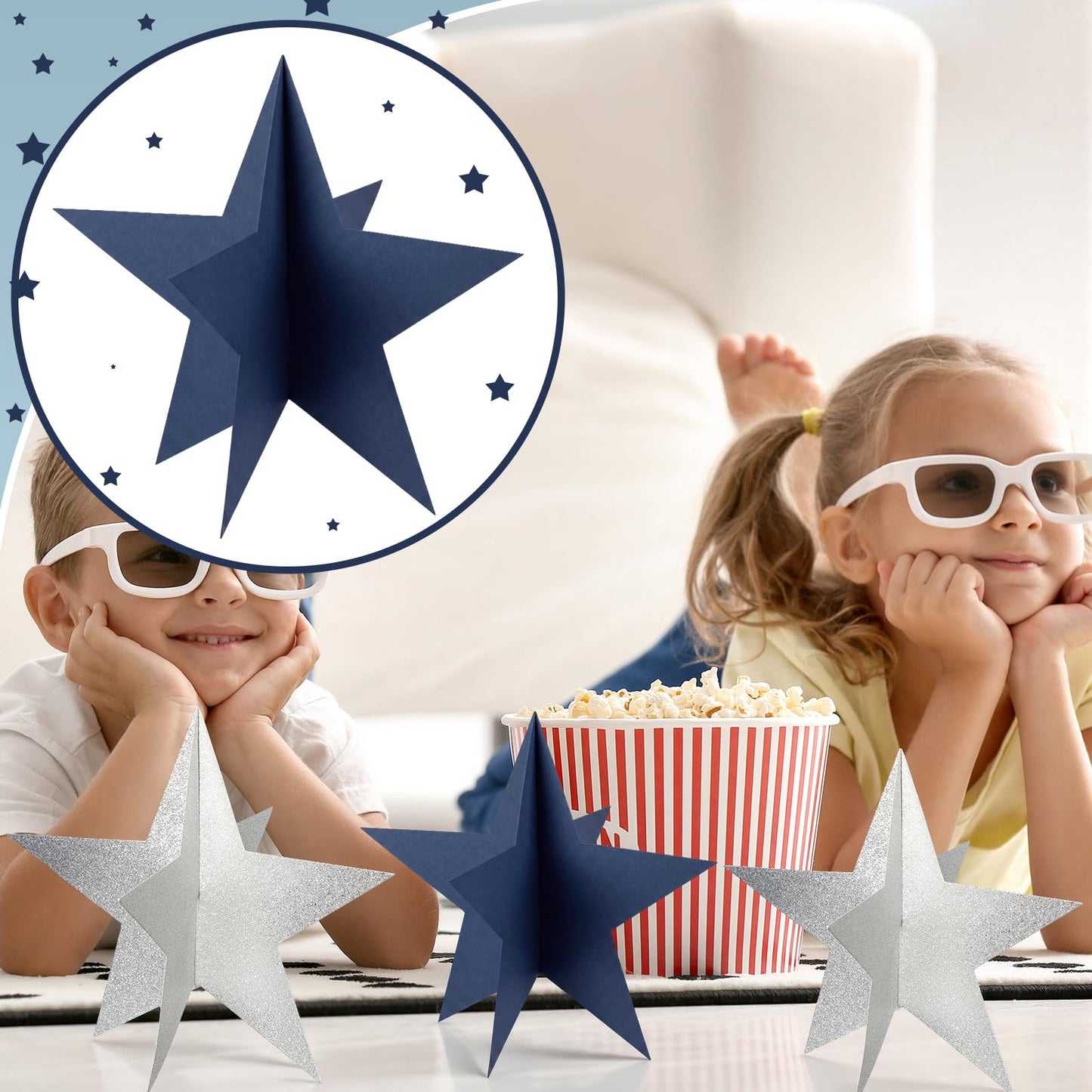 Sinload 18 Pcs Large 3D Glitter Star Decorations Back to School Work Navy Blue Silver Star Centerpiece Standing Hanging Decor for School Centerpiece Starry Movie Night Themed Party Decor