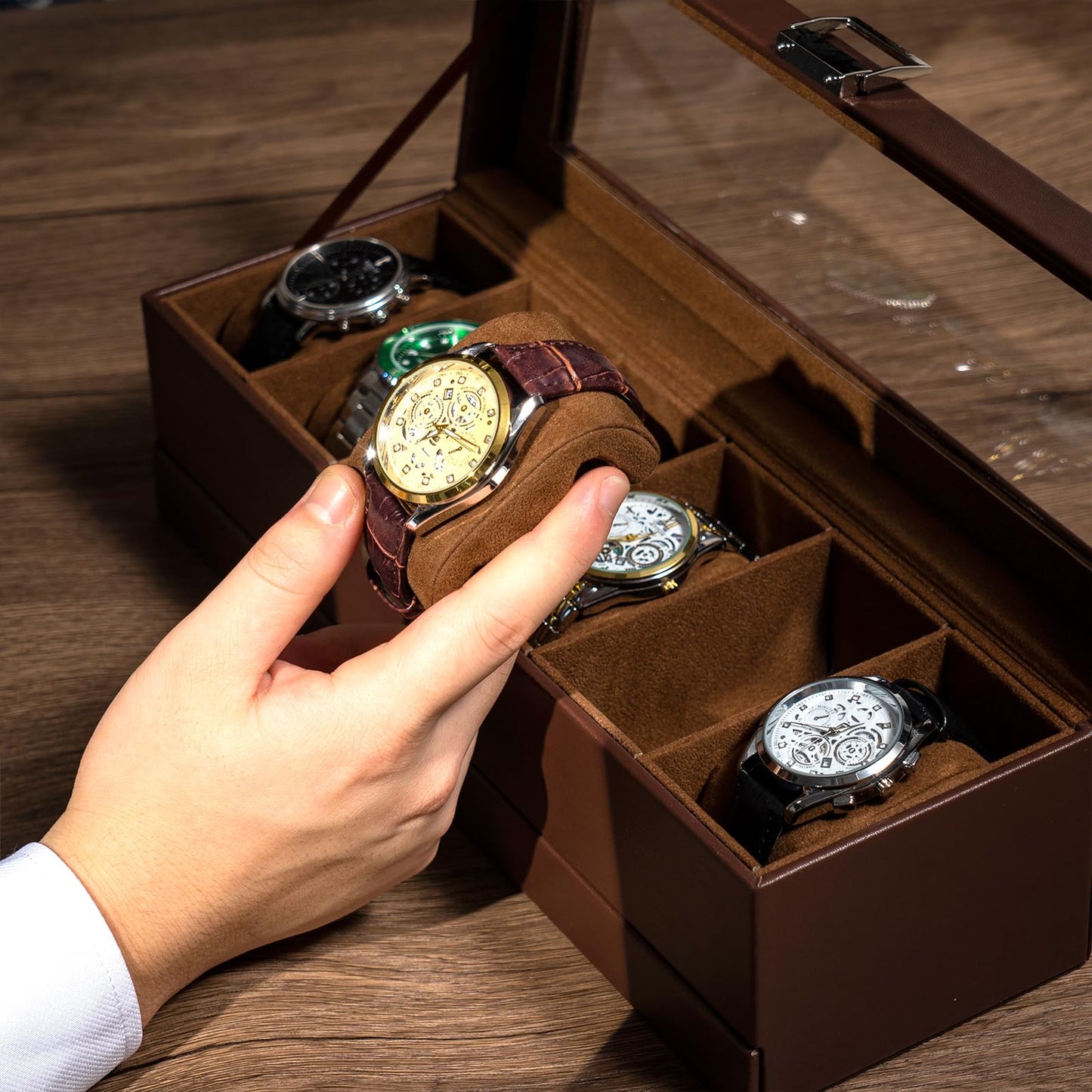 ProCase Watch Box, Fathers Day Gift for Dad, 6 Slot Watches Display Case with Drawer, Mens Watch Case with Glass Lid, 2-Layer Mens Jewelry Organizer Storage Holder -6 Slot, Espresso