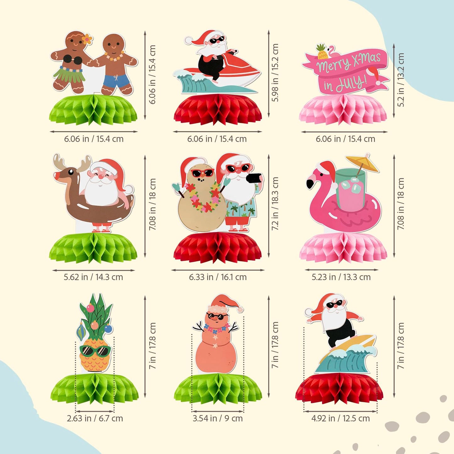 Christmas In July Party Decorations Set, Ultimate Xmas In July Party Decorations Kit, Tropical Beach Hawaiian Luau Banner, Honeycomb Table Centerpieces, Cupcake Toppers, Decor for Pool Parties & BBQ