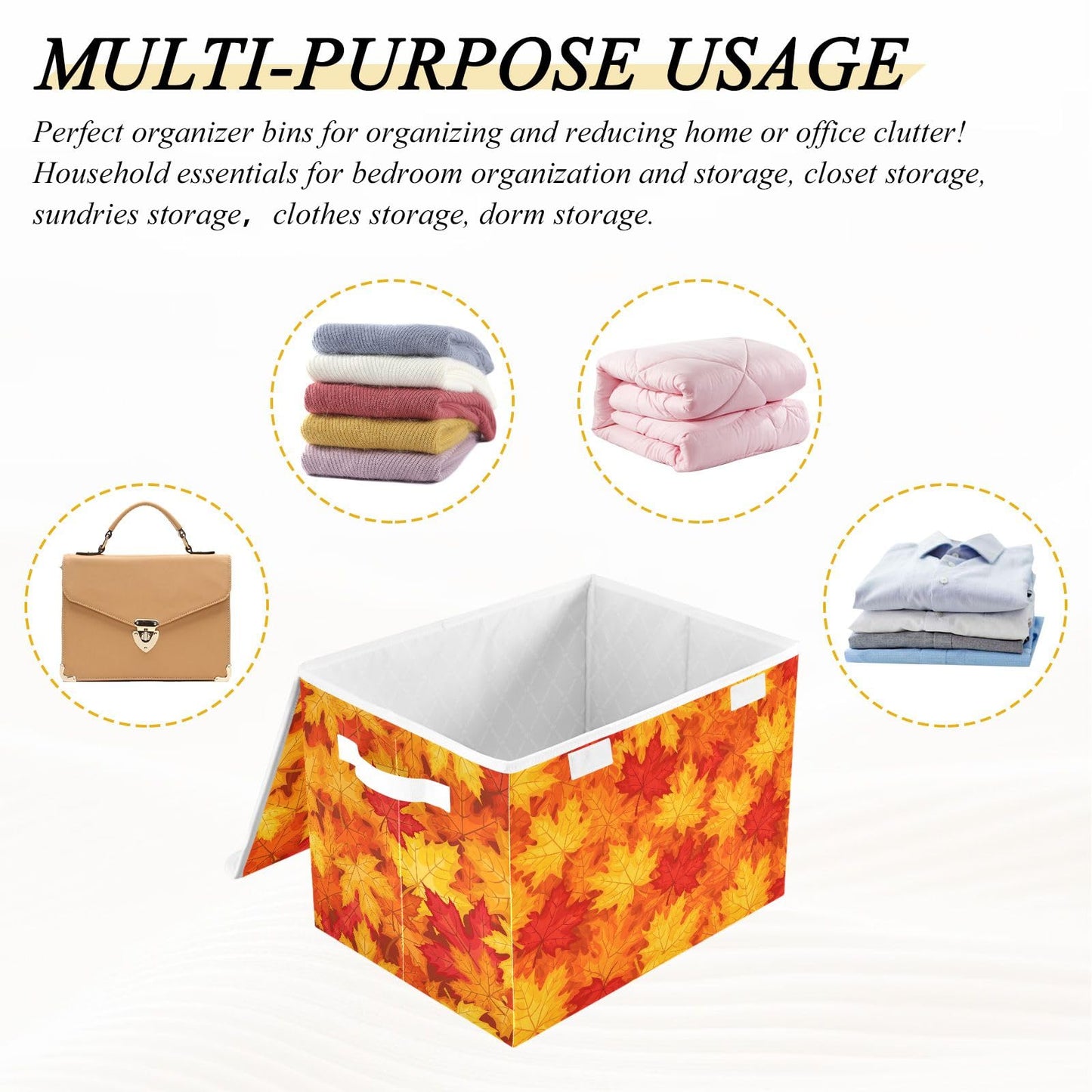 Bolaz Storage Bins with Lids and Handles, Fall Maple Leaves in Autumn Storage Box Storage Basket with Cover Collapsible Organizer Containers for Home Closet, Shelves