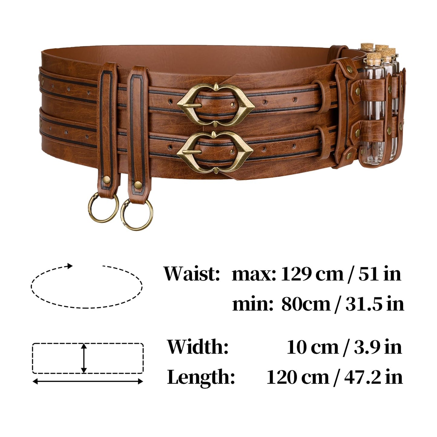 HiiFeuer 5PCs Medieval Faux Leather Alchemy Wide Belt with Skirt Hike Potion Vials Glass Bottle, Fantasy Corset Belt Cosplay (Brown A)