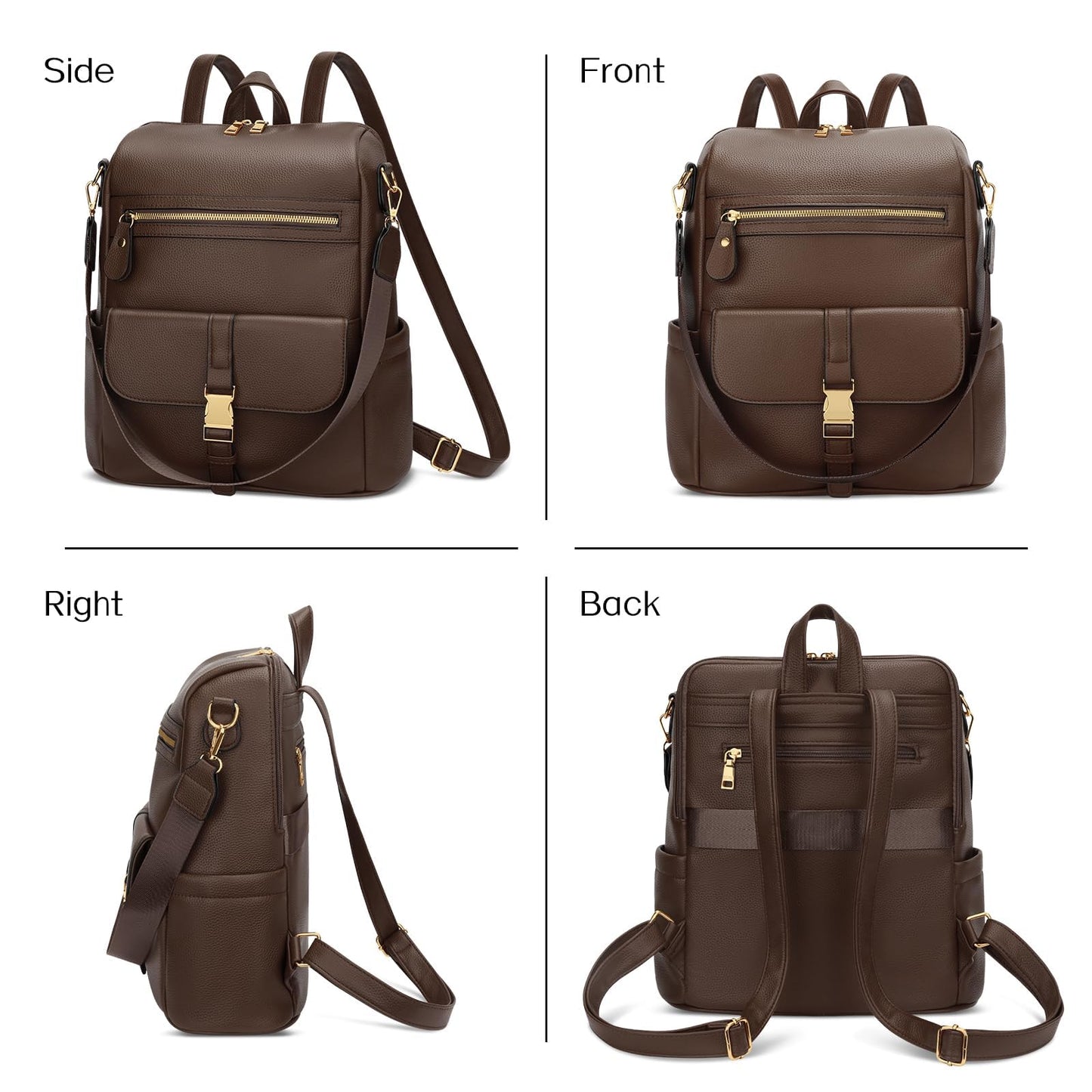KKXIU Backpack Purse for Women - PU Leather Ladies Backpack for Daily with Anti-Theft Lock Pocket, Small Daypack with Luggage Strap & Water Bottle Pockets (Coffee)