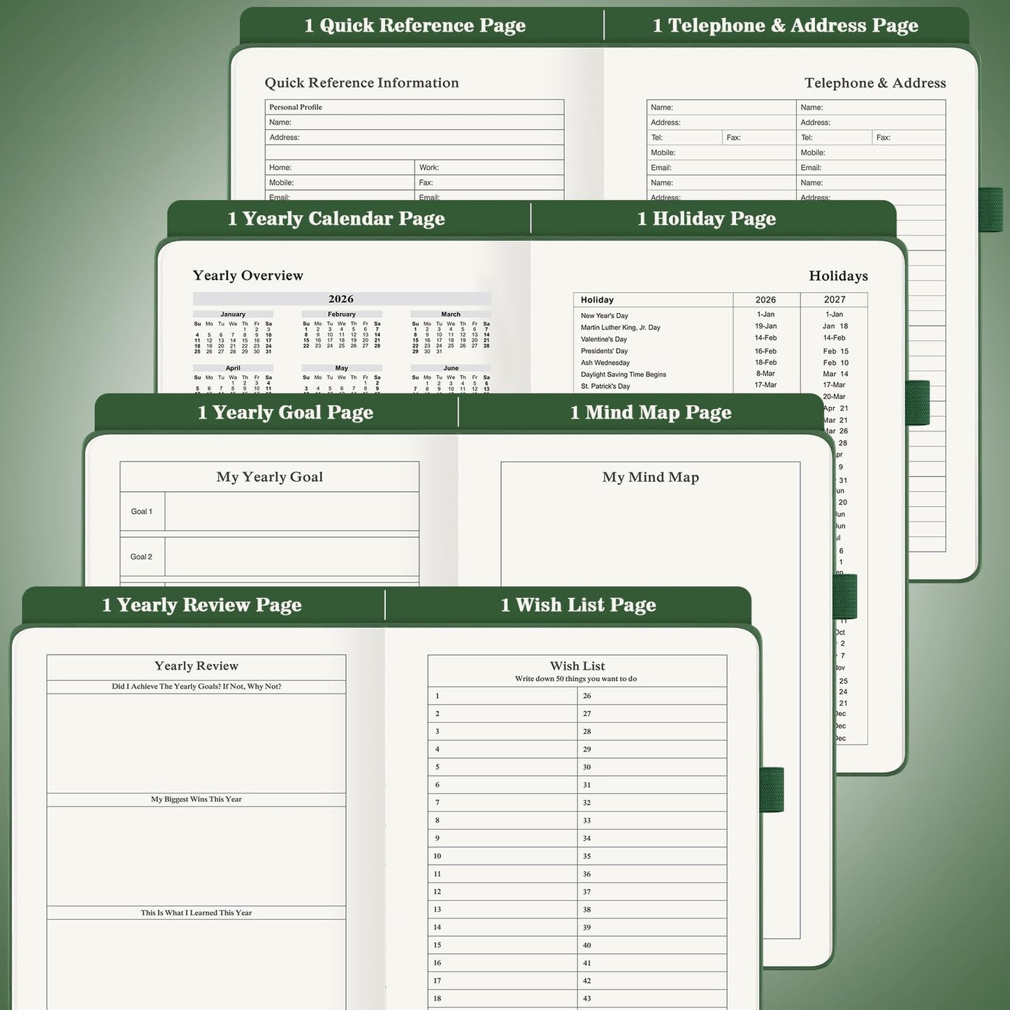 Asten Planner, Undated Daily Planner with To Do List, 365 Days Planner for ADHD, Hourly Planner Notebook for Goal Setting, Productivity Organizer with Calendar, 8.3'' x 5.8''(Green)