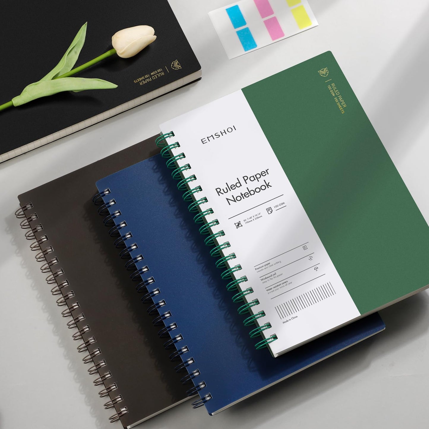 EMSHOI B5 Spiral Notebook College Ruled Lined Journal, Large 7.48" X 10.15", 300 Pages/150 Sheets, 100gsm Thick Paper, Waterproof Hardcover, for Office School Women Men Work Writing Notes, Coffee