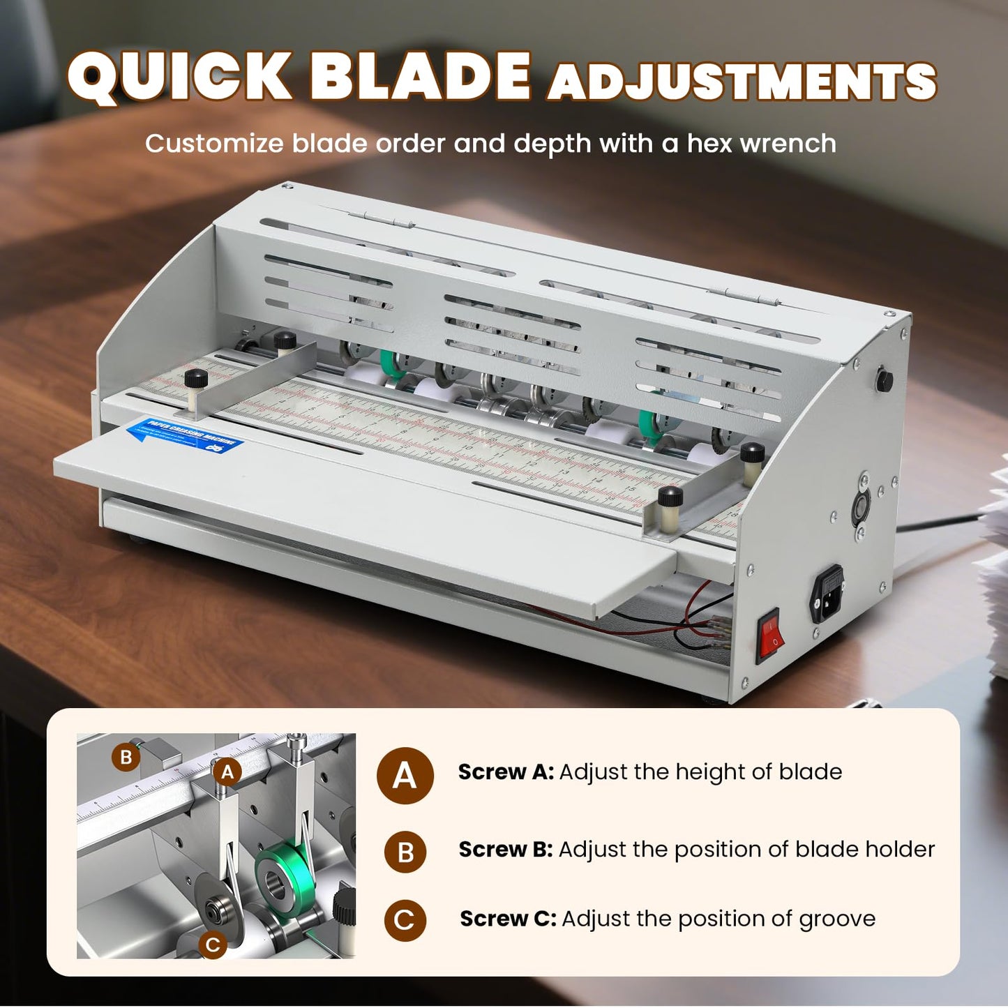Mxmoonant Electric Creasing Machine Plus with 2X Creasing, 2X Perforating, 2X Cutting Blades, 25r/min Paper Creaser Perforator Cutter Folder for Greeting Cards Invitations Tickets 470mm 110V
