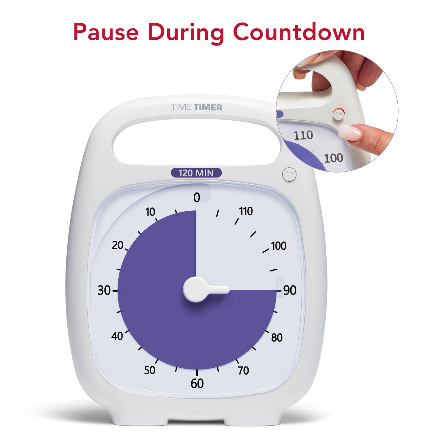 TIME TIMER PLUS 120 Minute Desk Visual Timer Countdown Timer with Portable Handle for Classroom, Office, Homeschooling, Study Tool, with Silent Operation (White)