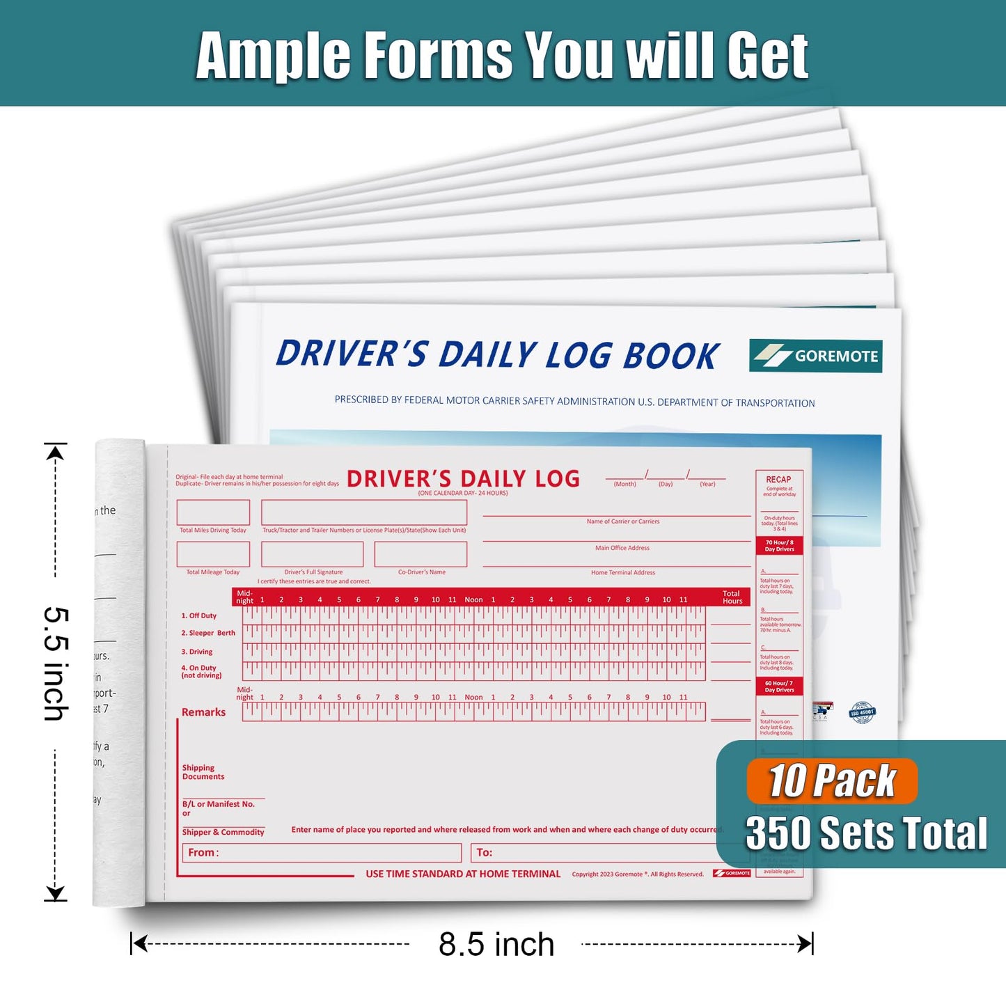 Daily Log Books for Truck Drivers with 7 & 8 Day Recap, 10 Pack, 2-Ply Carbonless, 35 Sets of Forms per Book, 8.5" x 5.5", Paper Driver Log Books for Truckers, Meet Requirements
