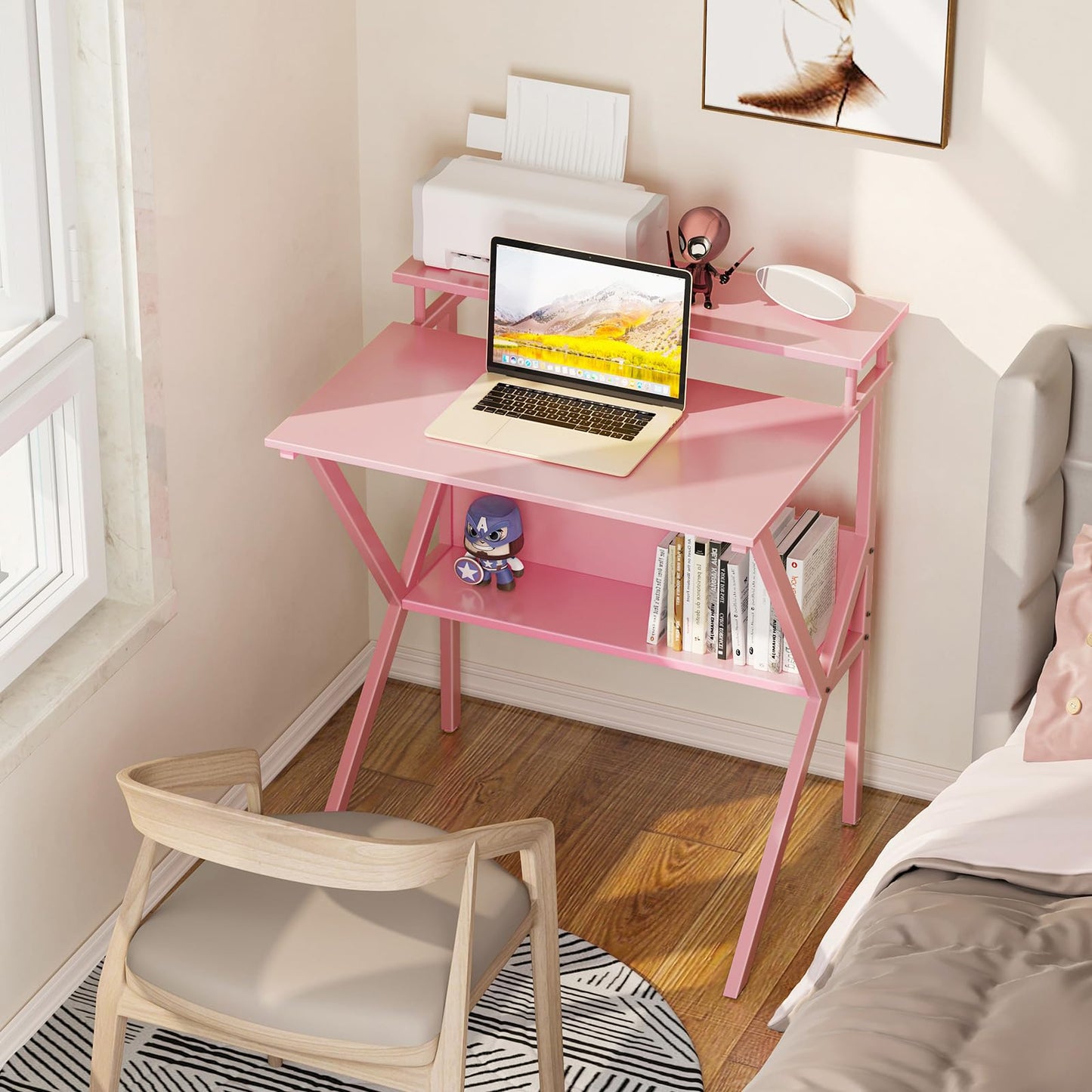 ODK Small Desk, 27.5 Inch Computer Desk for Small Spaces, Study Desk with Storage & Monitor Stand, Pink