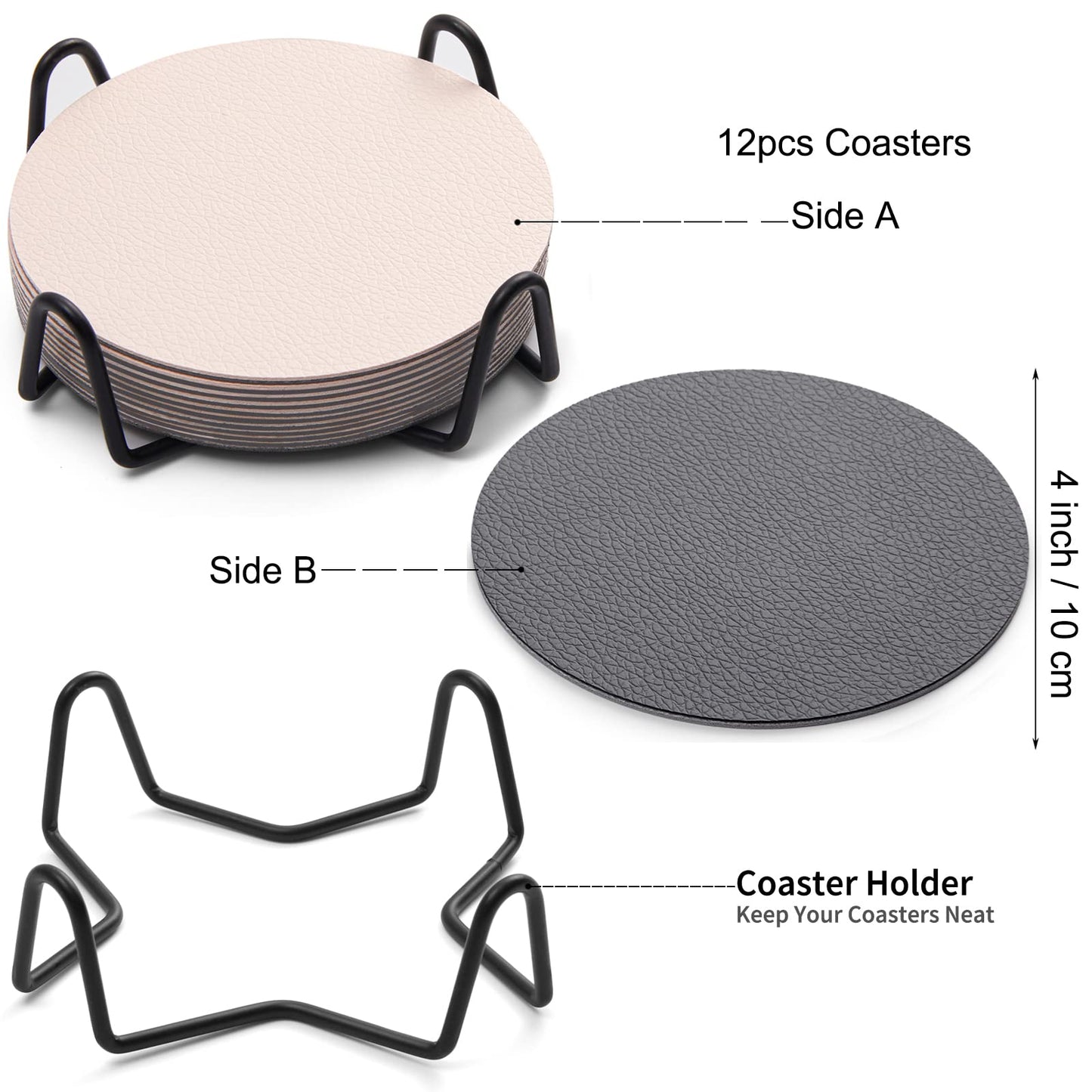 Chitomars Faux Leather Coasters with Holder, Dual Sided Sets of 12, Non-Slip Washable Coasters for Coffee Tabletop Protection (Gray White)