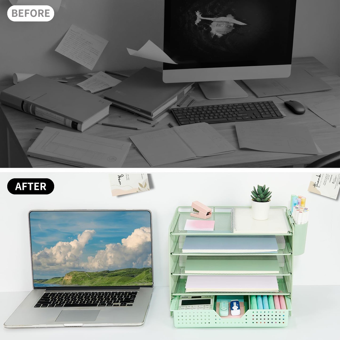 LEKETREE Desk Organizers and Accessories, 5-Tier Paper Letter Tray Organizer with Drawer & 2 Pen Holders, Desktop Organizer for Office Supplies (Green)