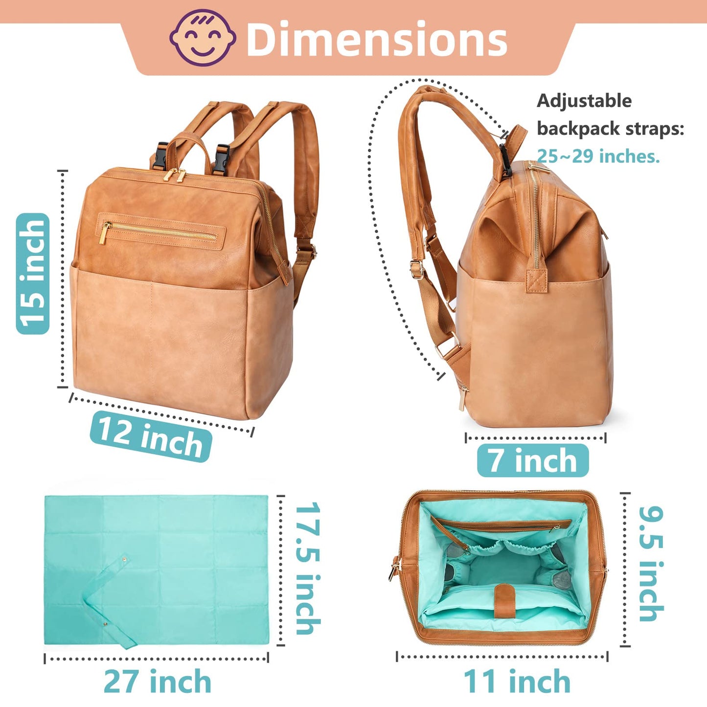 MOMINSIDE Diaper Bag Backpack, Leather Diaper Bag Baby Bag Large Baby Diaper bag Mommy Bag with 16 Pockets,Hospital Bag, Changing Pad, Brown