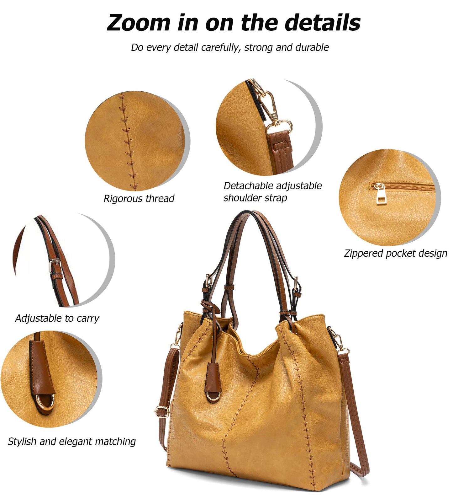myfriday Casual Faux Leather Tote Hobo Bag for Women, Soft Shoulder Bag Crossbody Satchel Purse and Handbag (Yellow)