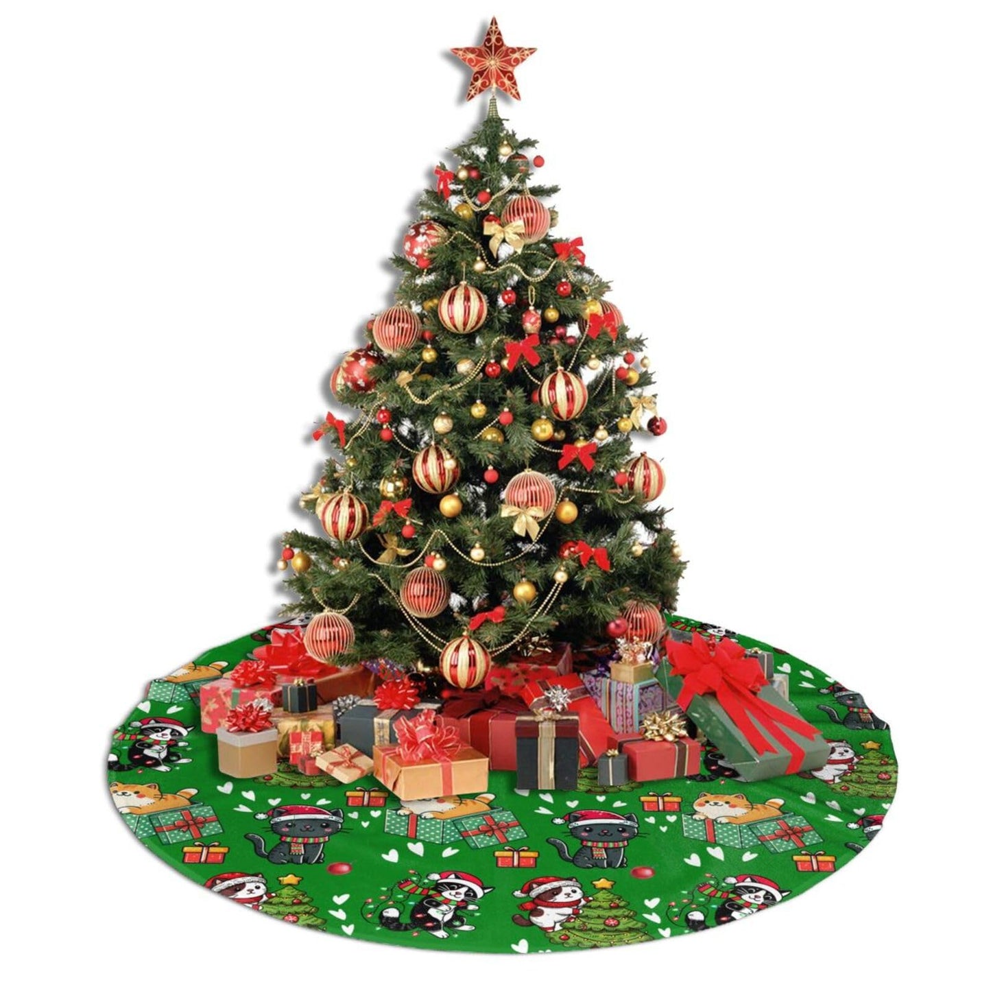 Cute Cats Christmas Tree Skirt, 48 inches Green Kawaii Animal Tree Skirts Santa Xmas Mat Farmhouse Holiday Party New Year Supplies Ornaments Decorations for Mini Small Pencil Big Trees