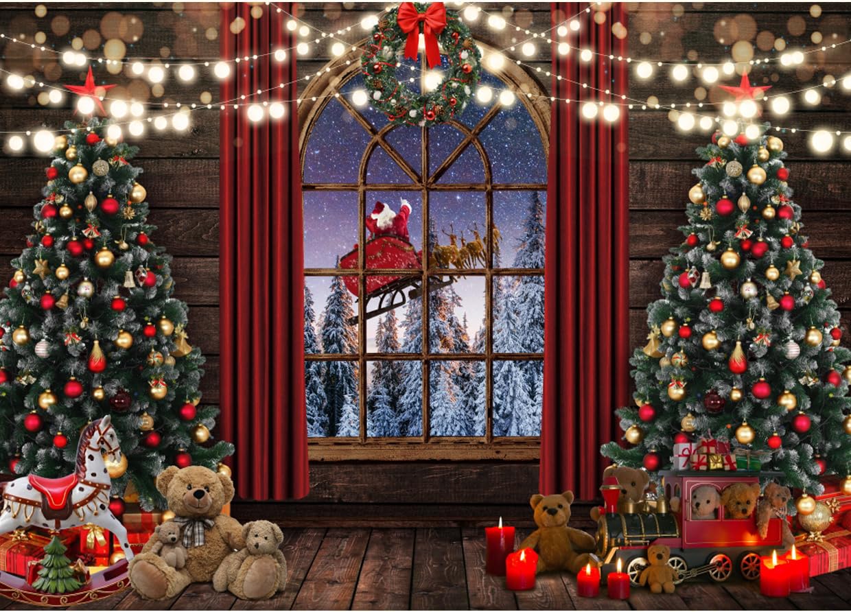 Merry Christmas Backdrop Window Santa Claus Xmas Tree Gifts Red Curtains Snow Winter Holiday Background for Xmas Holiday Party Decorations Banner Photo Booth Props 10x8ft