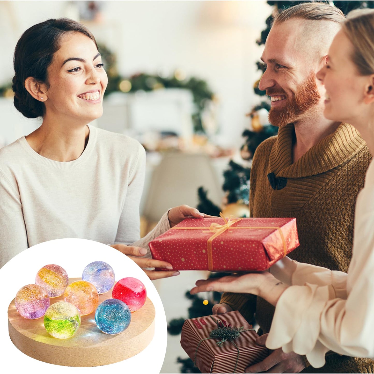 Huniruyo 7 Chakra Natural Healing Spheres with LED Wooden Stand 40mm Crystal Quartz Stones for Meditation Attracts Lucky Night Light Decoration Balls Set for Home Office (Cup Dolly)