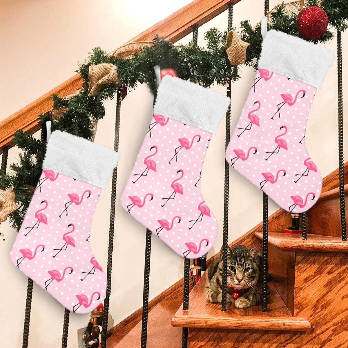 Blueangle White Dots Flamingo Christmas Stockings 17.7 Inch Gift Holders for Party Holiday Decorations Ornaments (1 Pack)