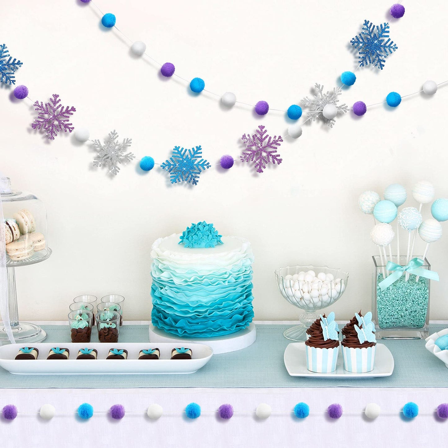Tatuo 3 Pieces Winter Felt Ball Banner Snowflake Garland Glittery Banner Wonderland Theme Pom Pom Decor Holiday Hanging Decor for Birthday Baby Shower Wedding Party