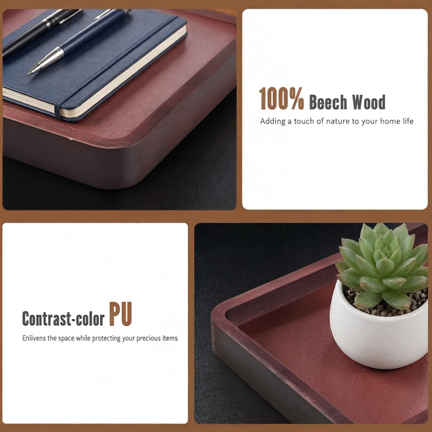 Wooden Valet Tray,Brown Wooden Catch All Tray with Leather Inlay Organizer ,Nightstand, Entryway Bedside Dump Holder, for Keys, Watches, Phones, Wallets Jewelry and More(H=1.2IN)