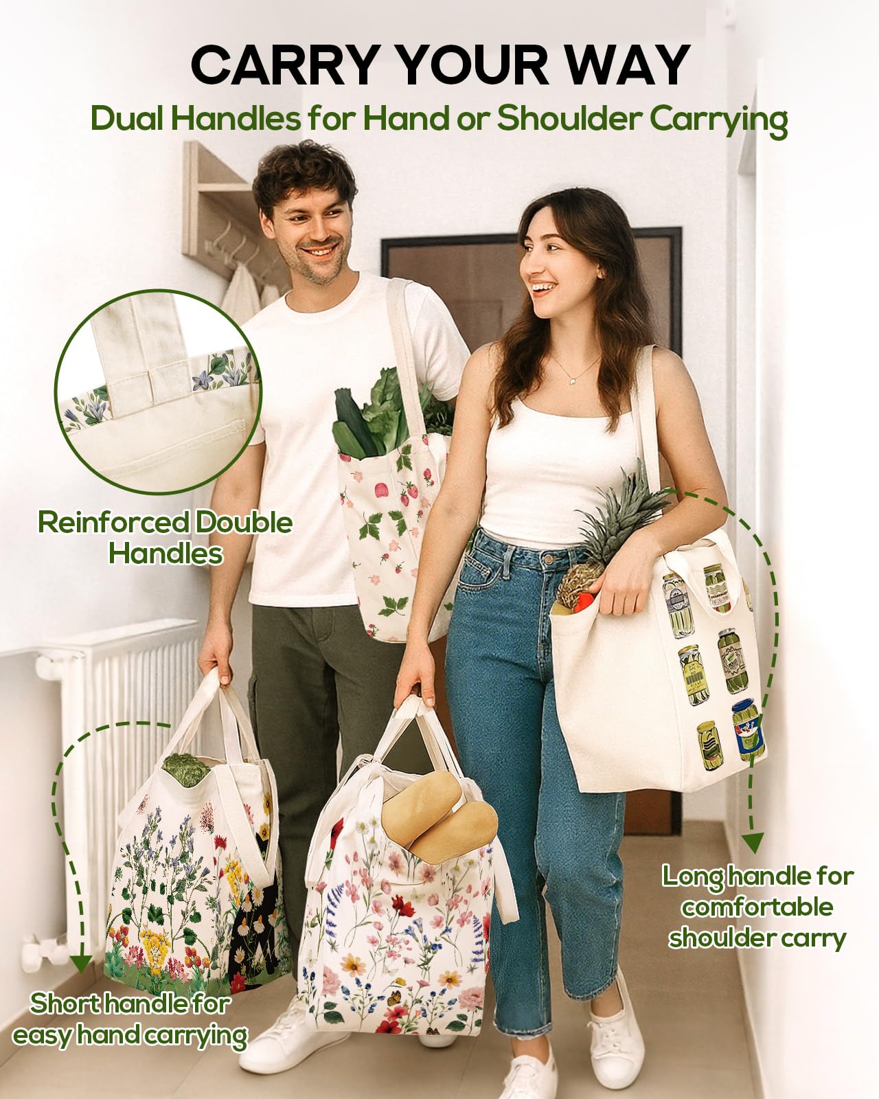 Miss Adola Large Canvas Grocery Tote Bag - Reusable Shoulder Bags with 6 Inner Pockets & Shoulder Strap and Handle Cute Aesthetic Designer Heavy Duty Shopping Totes for Groceries, Strawberry