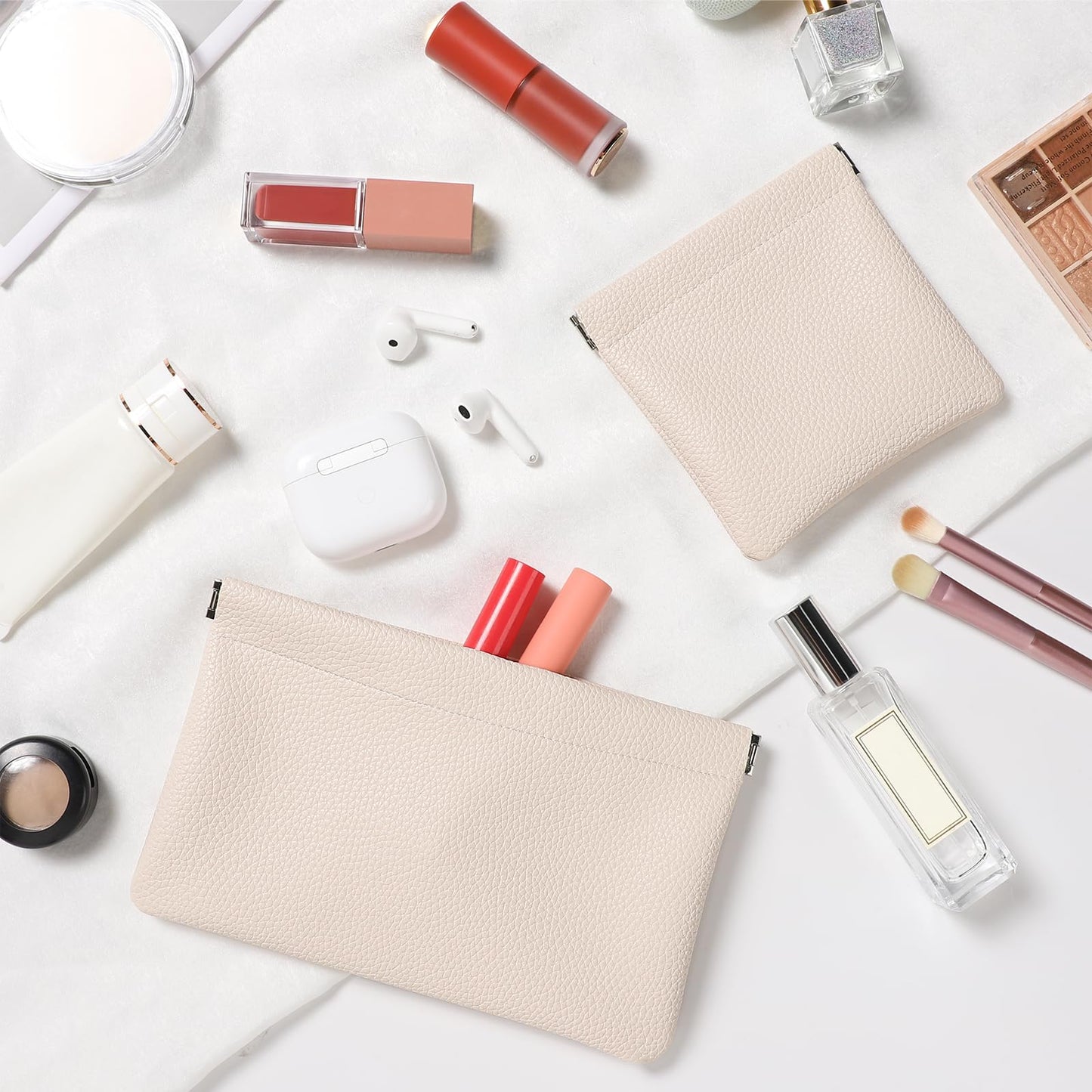 Sightor Leather Pocket Cosmetic Bag for Purse, 2 Pack Small Makeup Bag for Women Coin Purse Lipstick Cosmetic Accessories Organizer Travel Cosmetic Pouch (Creamy)