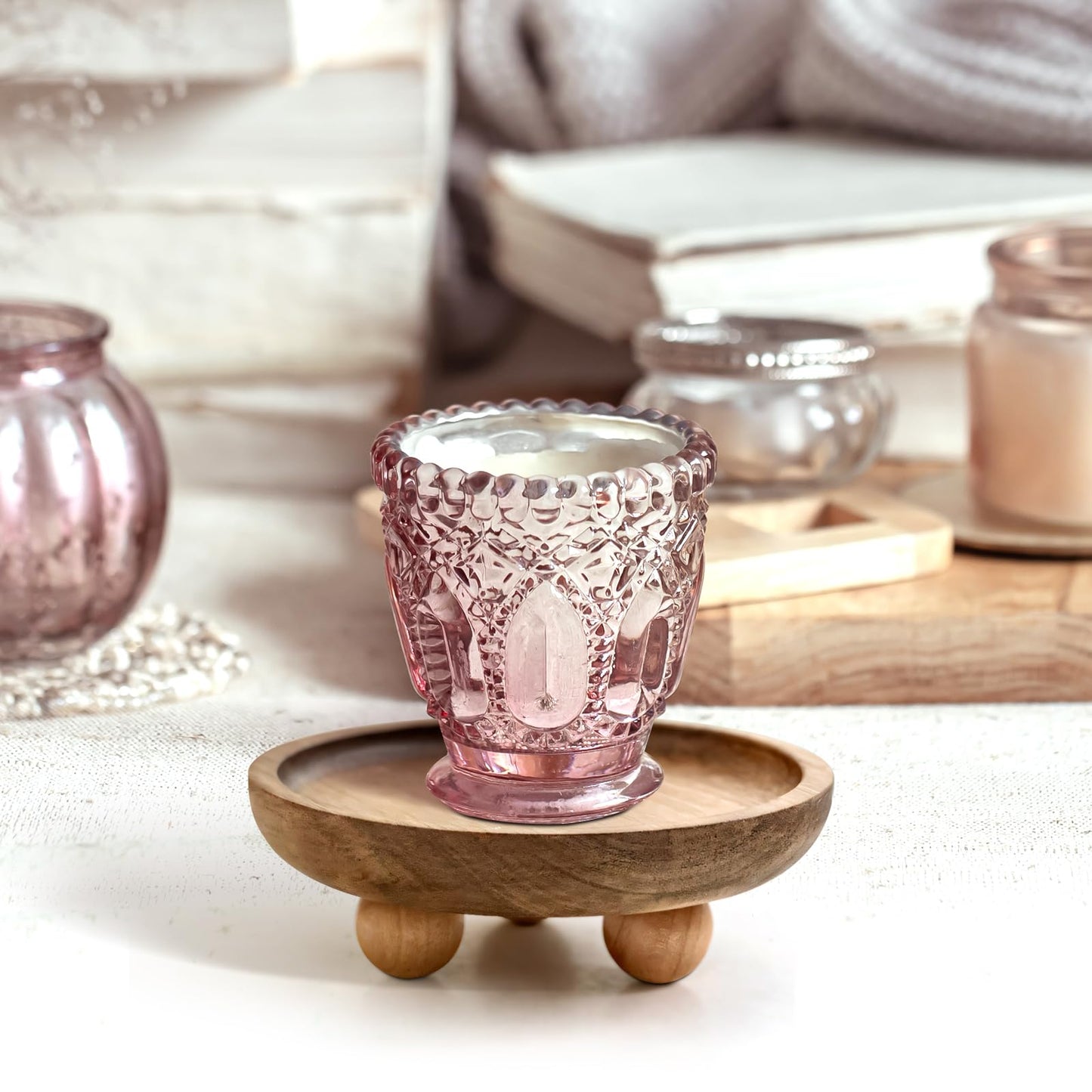 Vaveren Small Wooden Riser Wooden Pedestal for Display Tray Display Riser for Entry Table Farmhouse Kitchen Tabletop Centerpieces , Round 12.9x4cm