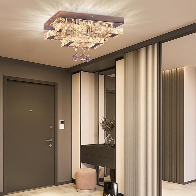 CXGLEAMING 11.8" Modern Crystal Chandelier LED Ceiling Light Fixture Suitable for Kitchen Corridor Hallway Bedroom Bathroom Dining Room 4 Petals/Raindrop Ball Square Wall Switch (Warm Light)