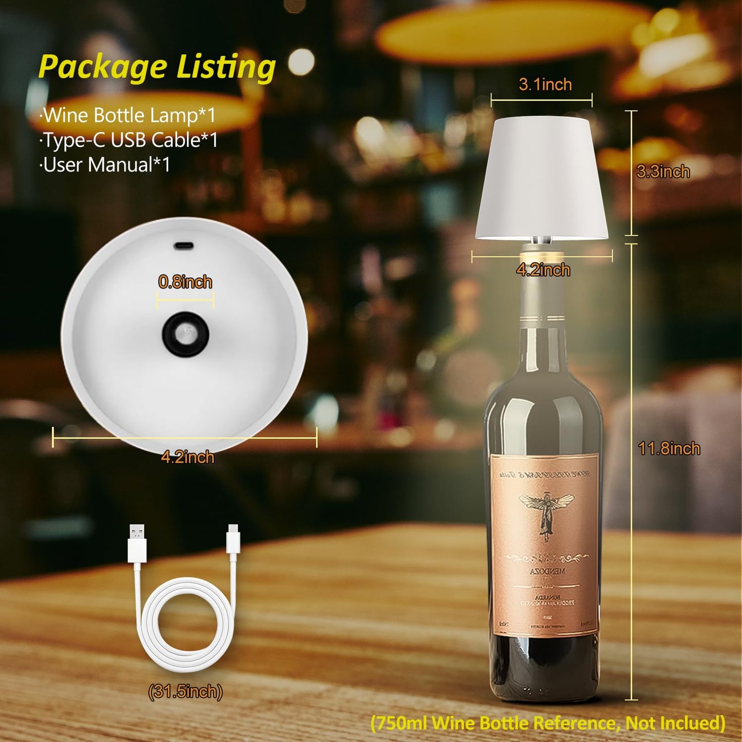 Hoide 2025 New Wireless Bottle Lamp - LED Bottle Lights for Liquor & Wine Bottles, Cordless Lampshade, Whiskey Bottle Top Light, Bottle Stopper Night Light Kit, Rechargeable 3-Tone Touch-Dimmable