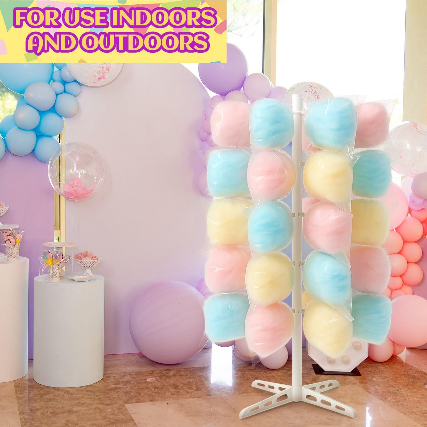 Novabright 1 Pack Plastic Cotton Candy Stand 5.25 ft Tall Cake Pop Stand with 48 Holes Adjustable Cotton Candy Floor Display for Christmas Wedding Birthday Baby Shower Party Anniversaries