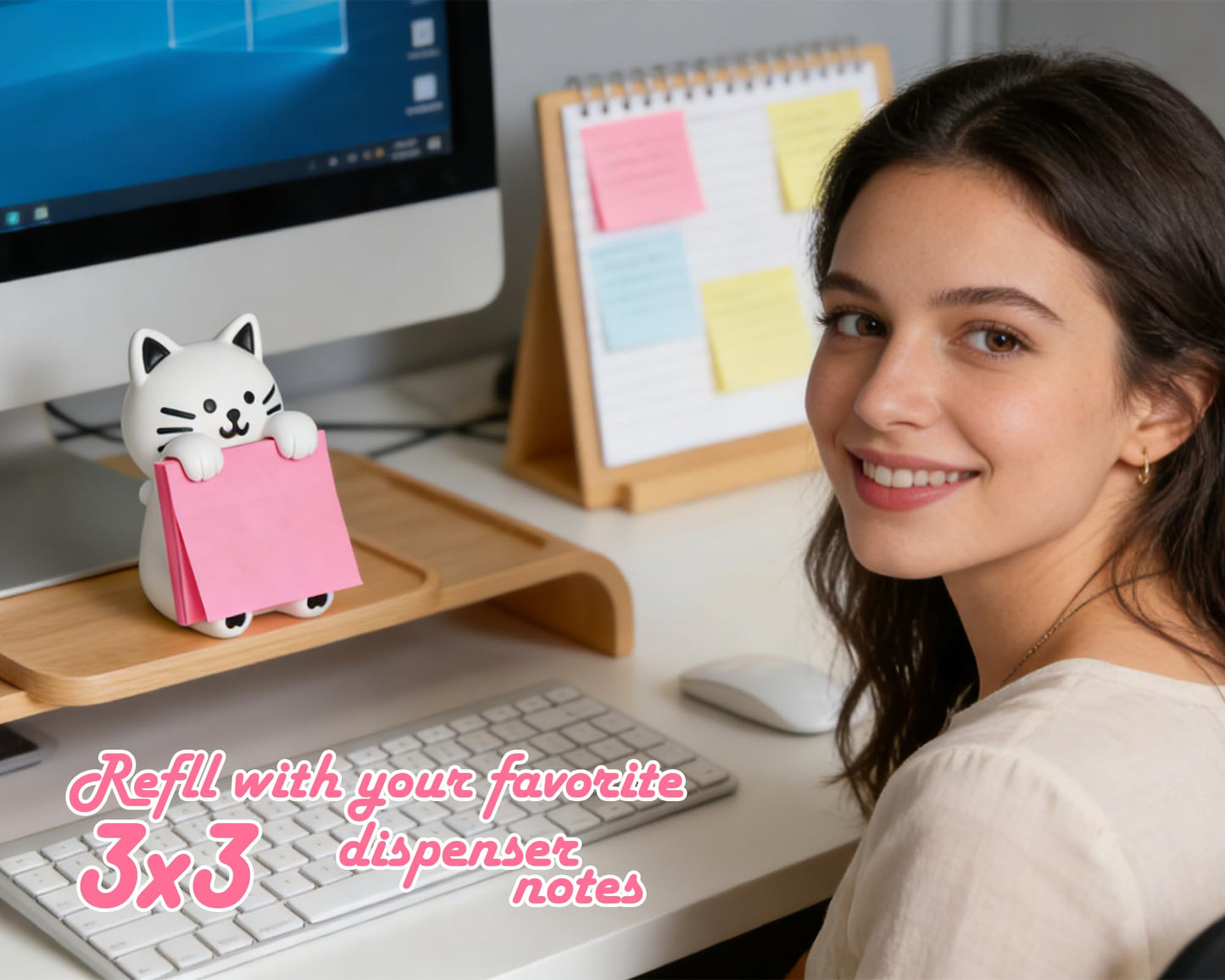 Cat Pop-up Sticky Note Dispenser, Includes 1 Pad of 3x3 in Super Sticky Notes, 100 Sheets, Resin Desk Holder for Office & Home
