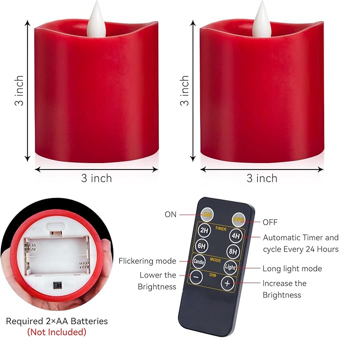 Red LED Pillar Candles, 3inch - Battery Operated with Remote Timer, Flickering Flame, Lasts Over 600 Hours, Perfect for Christmas and Halloween Deco (Red, 3"*3"-2pcs)