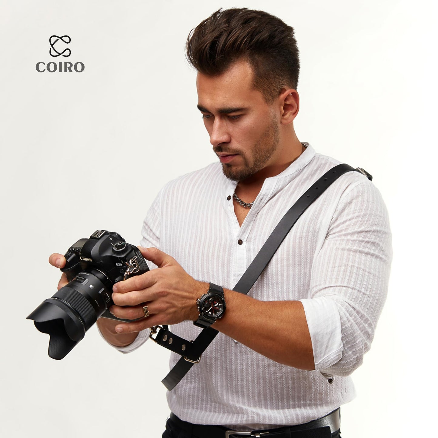 C Coiro Leather Camera Strap for One Camera - Professional Single Leather Harness Shoulder Strap Quick Release Gear DSLR/SLR, Camera Accessories for Photography, Black