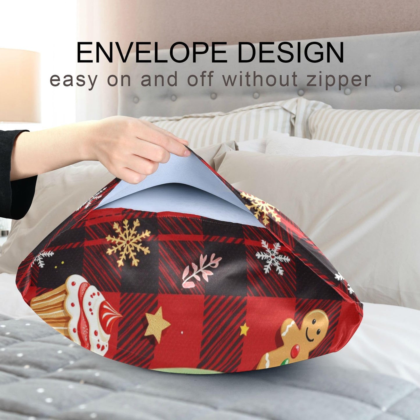 Gredecor Christmas Winter Satin Pillowcase Queen Size Sweet Gingerbread Red Black Plaid Pillow Cases Silky Pillow Cover for Home Sofa Bedroom 20x30 in