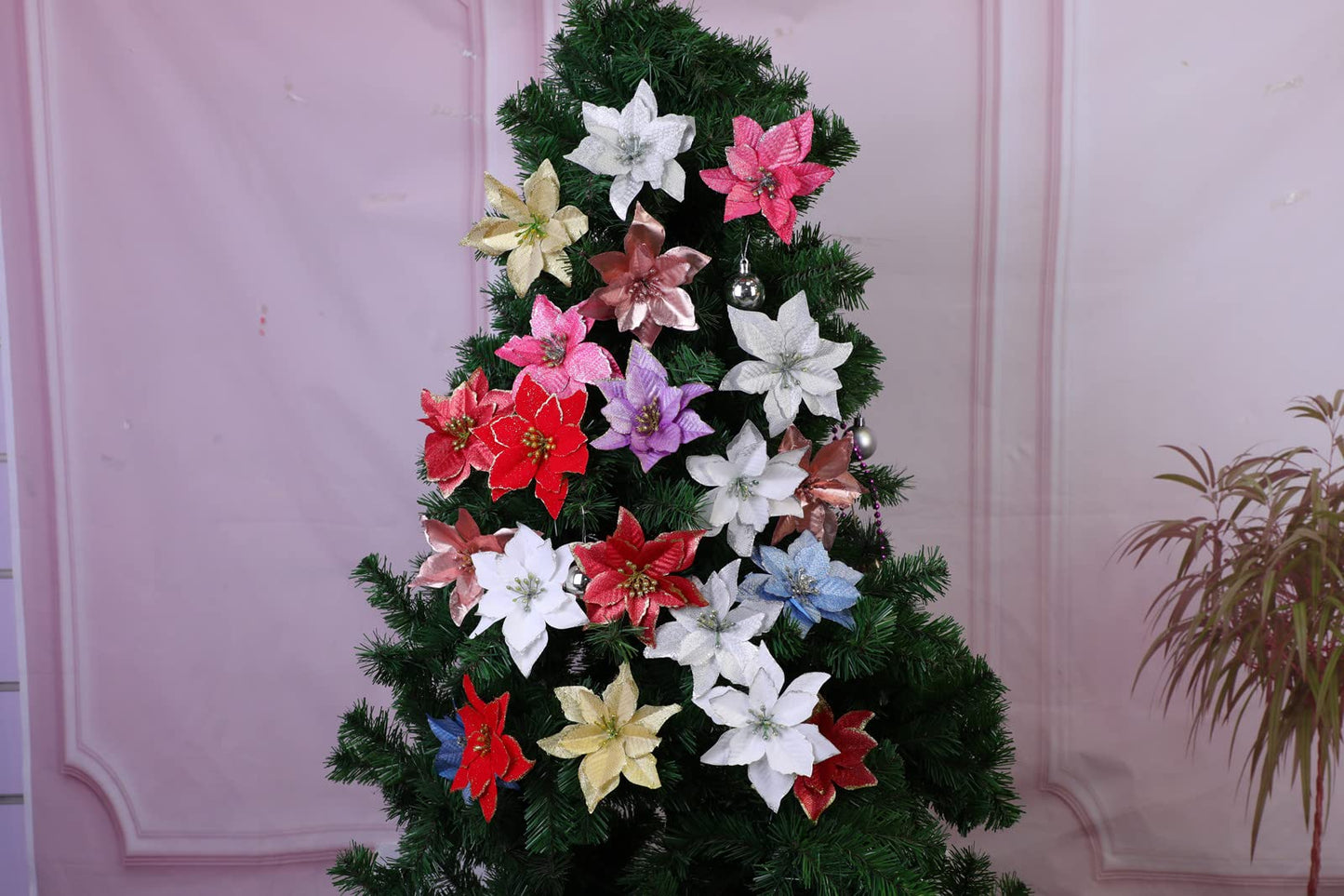 KEPATO Christmas Glitter Poinsettia Christmas Tree Ornaments Pack of 12 (Burgundy)