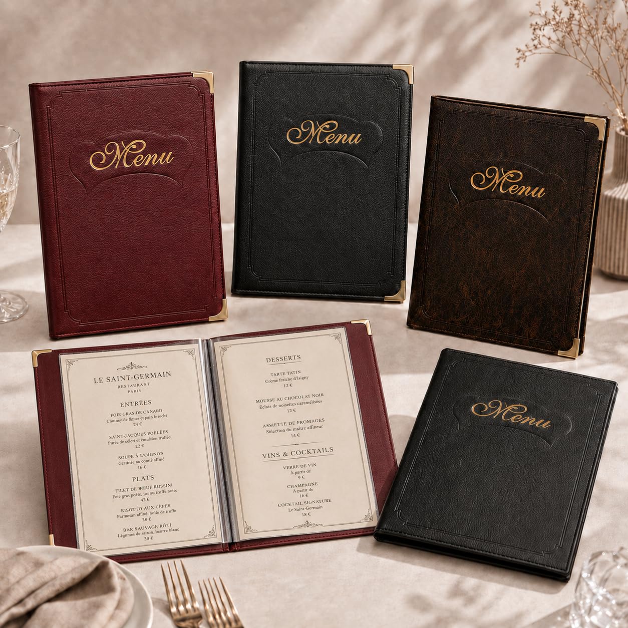 Premium Burgundy Faux Leather Menu Cover 2-Pack | Stylish & Durable 8.5 x 11 Inch | Restaurant Menu Books with 7 Pages (14 Views) | Perfect for Wine Lists, Cafes, Bars & Hotels