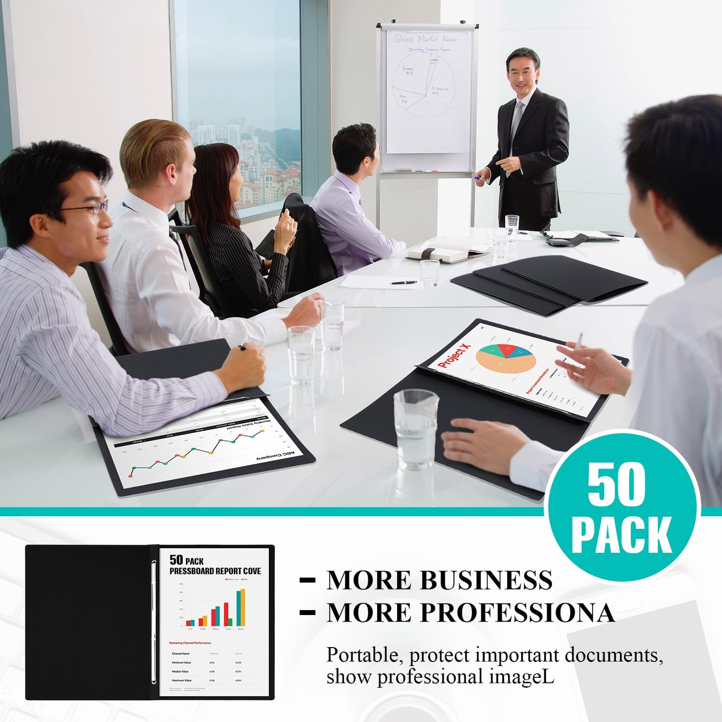 Dunzoom 50 Pcs 8.5'' x 11'' Pressboard Report Cover, 3'' Capacity Metal Prong Fastener with Compressor, Letter Size, Presentation Folder to Neatly Bind Report, Proposal Document (Black)