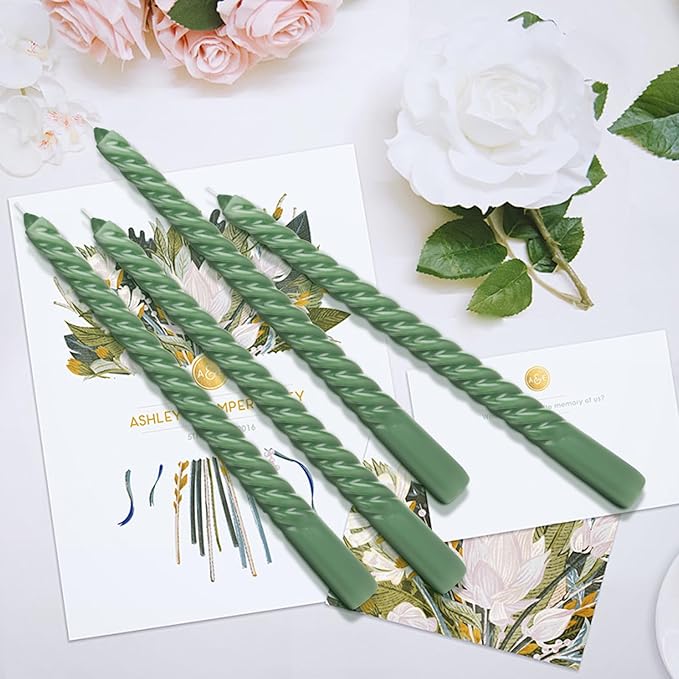 Tobeape Sage Green Twisted Taper Candles Set of 12, 10 Inch Tall Unscented Dripless, Smokeless Spiral Christmas Tapered Candlestick for Wedding Home Décor Dinner St. Patrick's Day- 8 Hour Long Burning