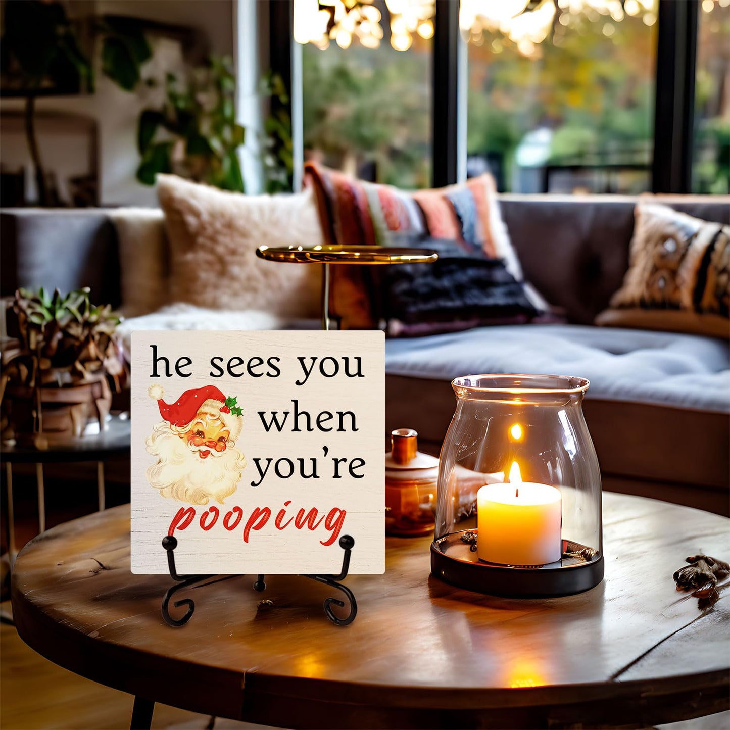 SkipTiger Funny Christmas Bathroom Wooden Desk Sign, He Sees You When You're Pooping Red Christmas Santa Wood Plaque With Stand for Bathroom Toilet Restroom Shelf Counter Decor