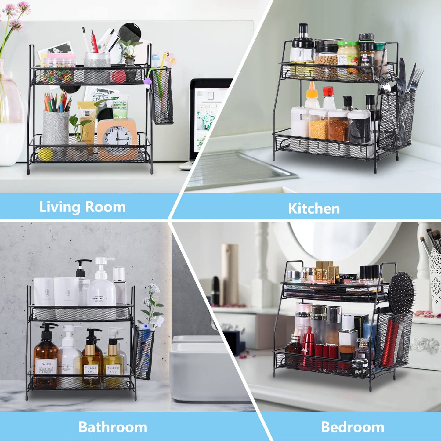 LEMIKKLE 2-Tier Bathroom Countertop Organizer,Skincare, Makeup Countertop Organizers, Kitchen, Bathroom Counter Storage with Small Basket (Black)