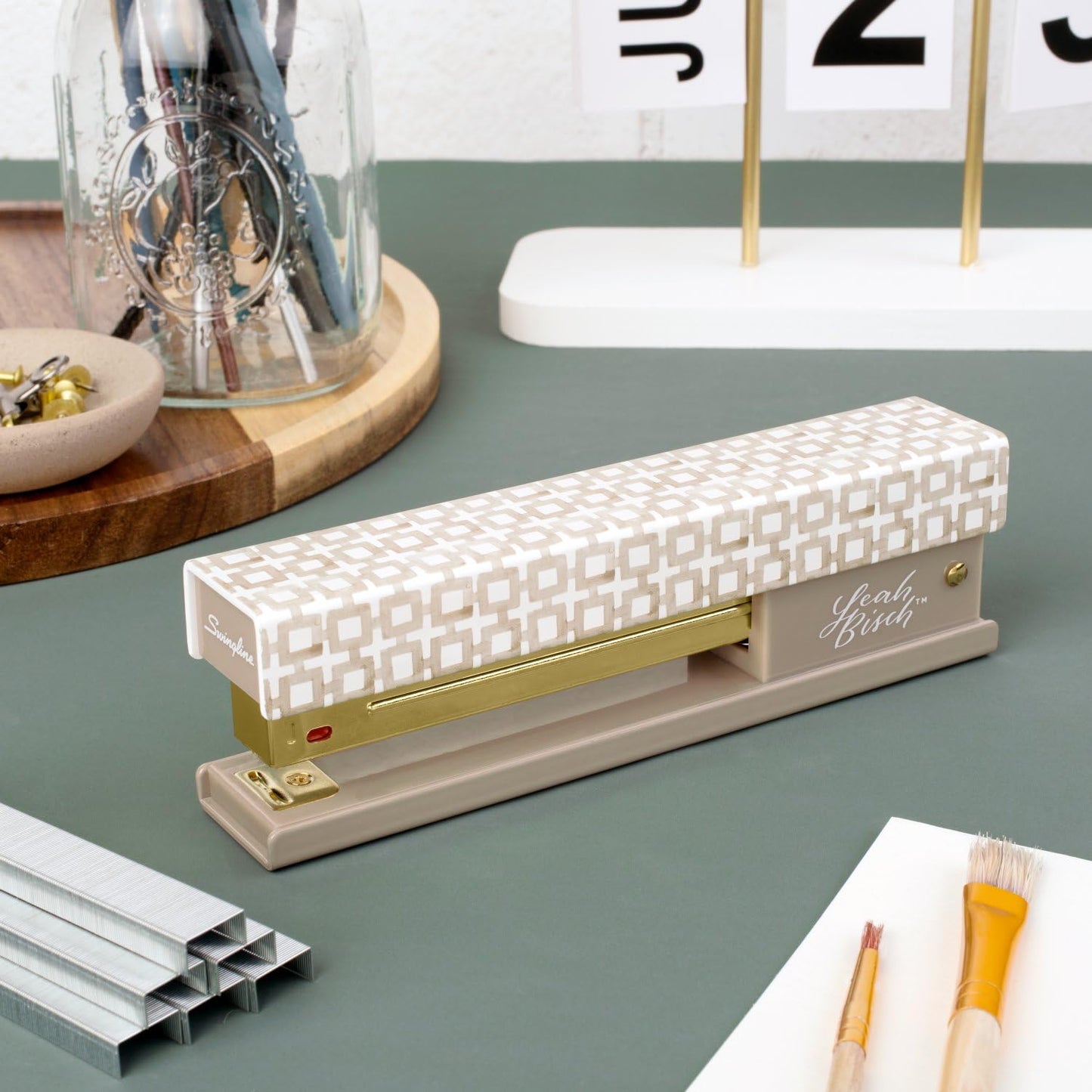Swingline Stapler by Leah Bisch, 20 Sheet Capacity, Full Strip, Tan Tiles, Colorful Fashion Design (S700035)