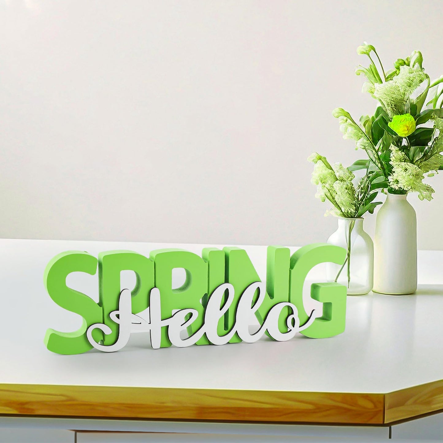 COCHIE Wooden Hello Spring Sign, Spring Decorations for Home, Office, Shelf, Mantel, Indoor, Wood Spring Decor, Spring Table Top Party Decoration (Hello Spring)