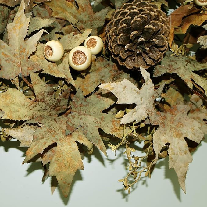 24" Natural Looking Fall Winter Door Wreath Outside, Green and Brown Ombre Foliage Thanksgiving Autumn Wreaths for Front Door Porch with White Berries and Pinecones