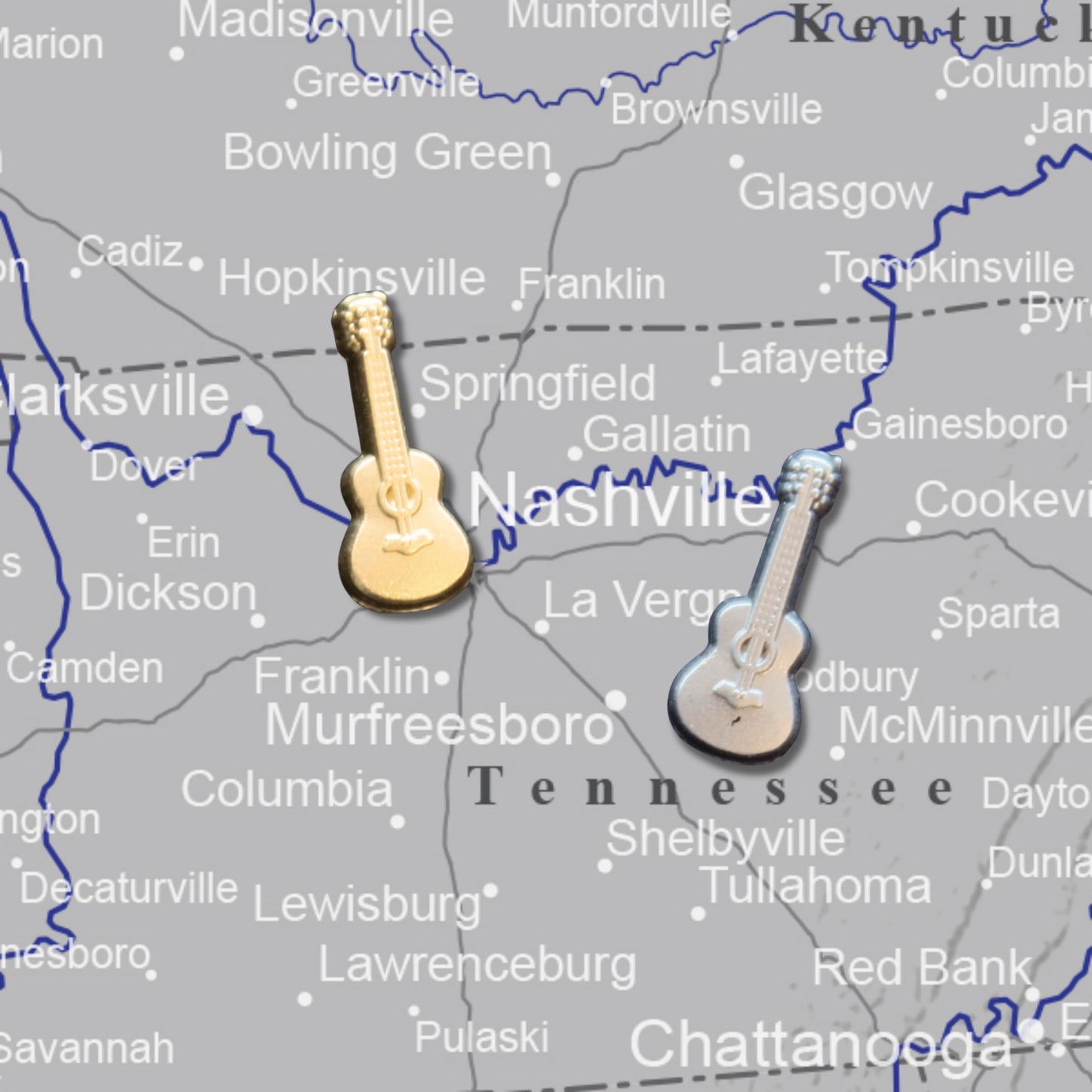 Guitar Push Pins - Gold Guitar Map Pins for Cork Boards, Maps, or Lapel Use - Designed in USA - Set of 10