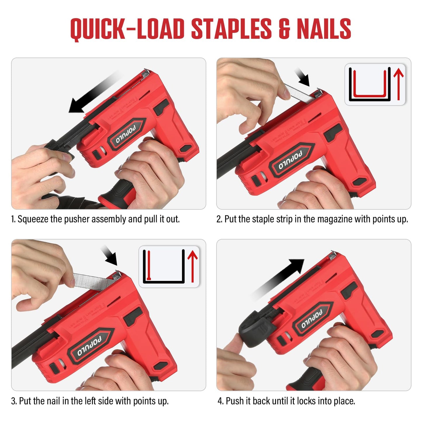 POPULO Electric Staple Gun, 2 in 1 Electric Stapler Tacker 4V Cordless Brad Nailer Kit, Battery Powered Nail Gun for Upholstery, Carpentry, DIY with Staple Remover, 1600 Staples and Nails, Red